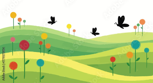 A bright, whimsical illustration depicting rolling green hills dotted with colorful circular flowers and three flying black butterflies.