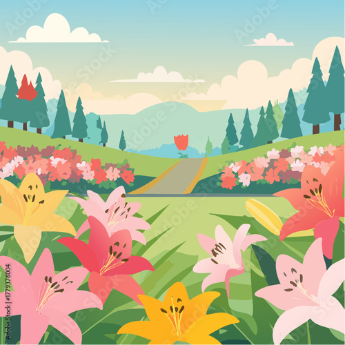 Beautiful lill flowers growing in an outdoor rural garden - 2D vector background scene