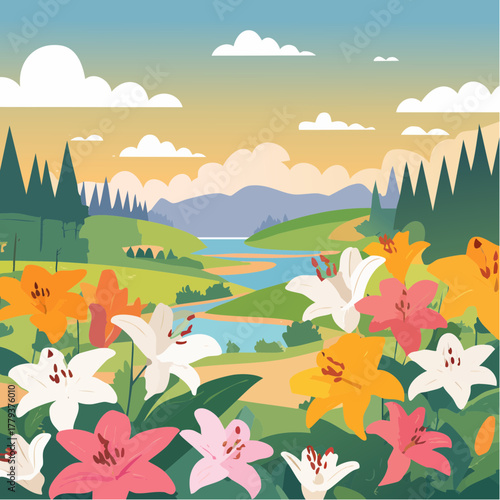 Beautiful lill flowers growing in an outdoor rural garden - 2D vector background scene