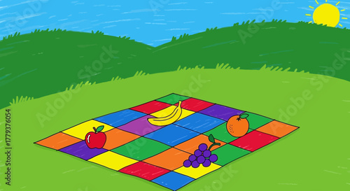 A colorful picnic blanket with fruit including an apple, banana, grapes, and orange, sits on a grassy hill under a sunny sky.