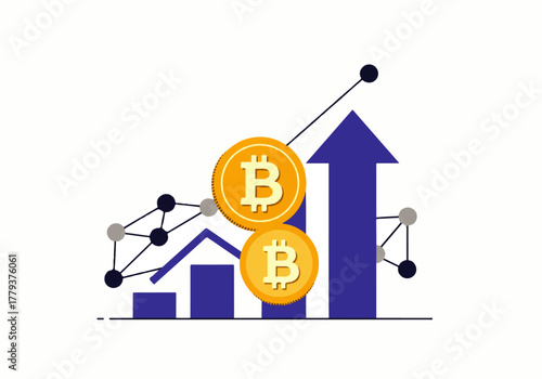 Bitcoin growth chart with coins and upward arrow on a white background.