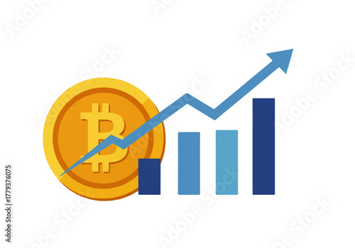 Bitcoin growth chart with upward trending arrow and bar graph.