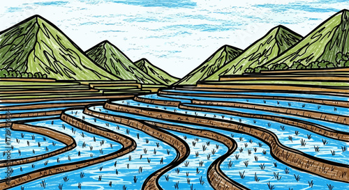 Illustration of terraced rice paddies filled with water, set against a backdrop of mountains and a cloudy sky.