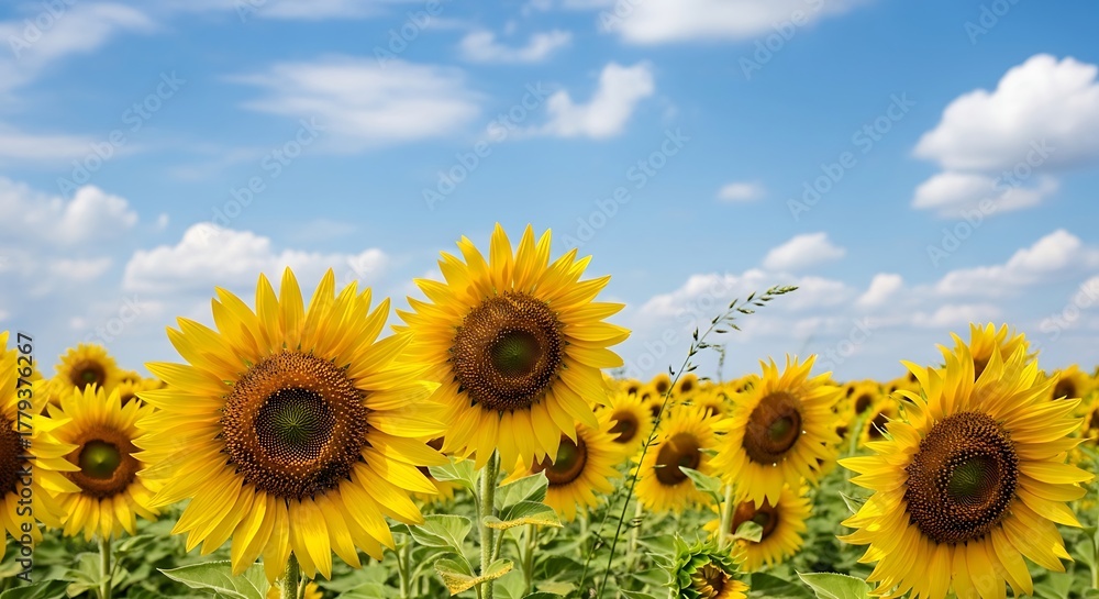 Fototapeta premium Vibrant Sunflower Field Under a Bright Blue Sky with Fluffy Clouds.