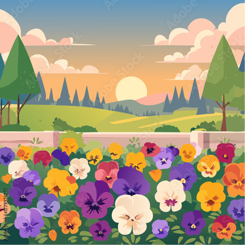 Beautiful pansy flowers growing in an outdoor rural garden - 2D vector background scene