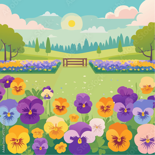 Beautiful pansy flowers growing in an outdoor rural garden - 2D vector background scene