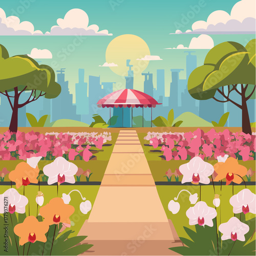 Beautiful orchid flowers growing in an outdoor rural garden - 2D vector background scene