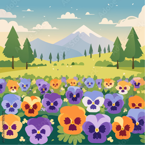 Beautiful pansy flowers growing in an outdoor rural garden - 2D vector background scene