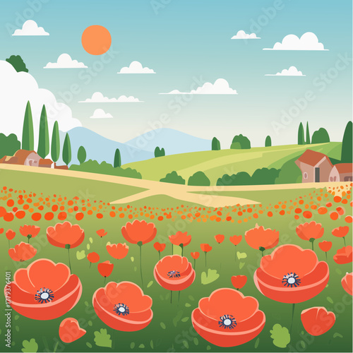 Beautiful poppy flowers growing in an outdoor rural garden - 2D vector background scene