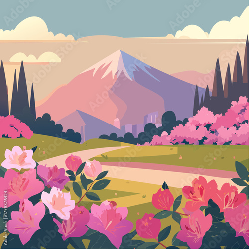 Beautiful rhododendron flowers growing in an outdoor rural garden - 2D vector background scene