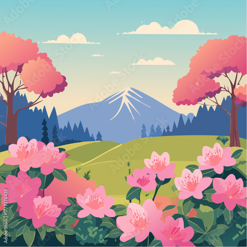 Beautiful rhododendron flowers growing in an outdoor rural garden - 2D vector background scene