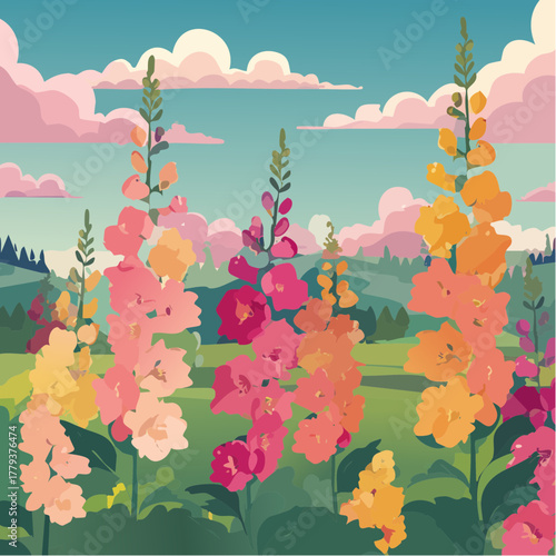 Beautiful snapdragon flowers growing in an outdoor rural garden - 2D vector background scene