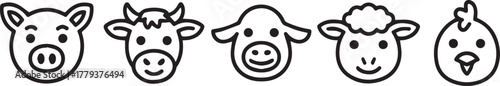 Cute Farm Livestock Head Icons Set | Pig, Cow, Calf, Sheep, Chicken