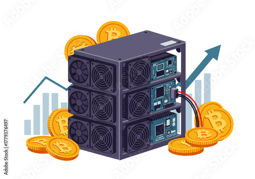 Cryptocurrency mining rig with bitcoins and a rising graph.