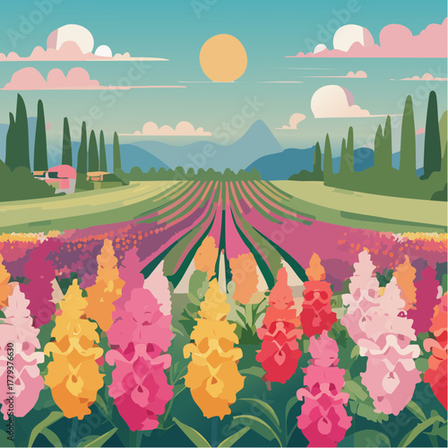 Beautiful snapdragon flowers growing in an outdoor rural garden - 2D vector background scene