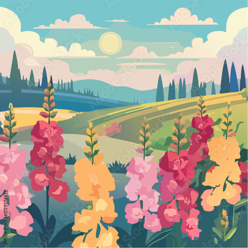 Beautiful snapdragon flowers growing in an outdoor rural garden - 2D vector background scene