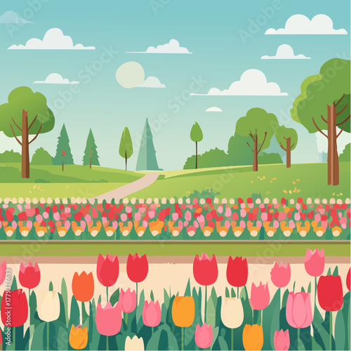 Beautiful tulip flowers growing in an outdoor rural garden - 2D vector background scene