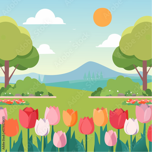 Beautiful tulip flowers growing in an outdoor rural garden - 2D vector background scene