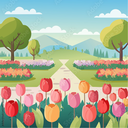 Beautiful tulip flowers growing in an outdoor rural garden - 2D vector background scene