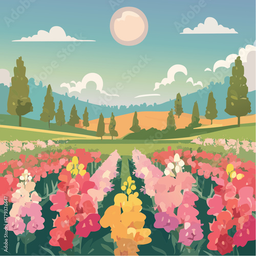 Beautiful snapdragon flowers growing in an outdoor rural garden - 2D vector background scene