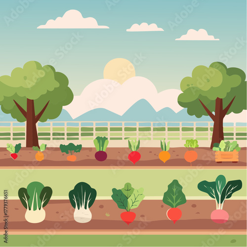 Beautiful vegetables growing in an outdoor rural garden - 2D vector background scene