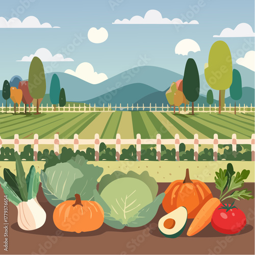 Beautiful vegetables growing in an outdoor rural garden - 2D vector background scene