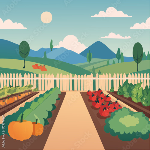 Beautiful vegetables growing in an outdoor rural garden - 2D vector background scene