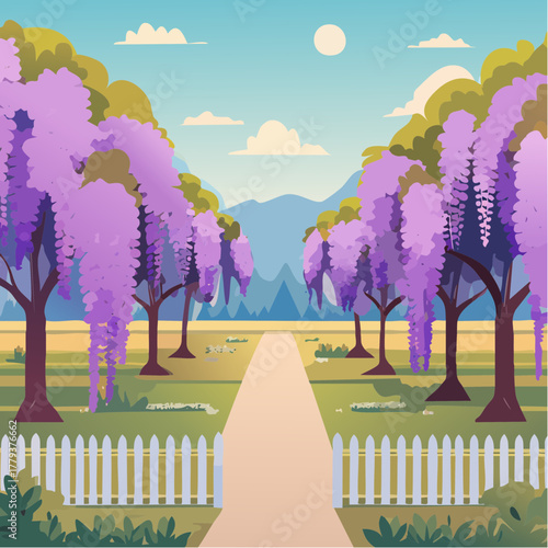Beautiful wisteria flowers growing in an outdoor rural garden - 2D vector background scene