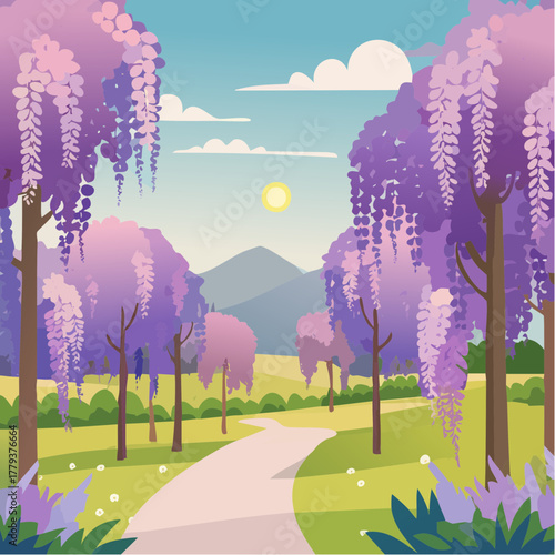 Beautiful wisteria flowers growing in an outdoor rural garden - 2D vector background scene