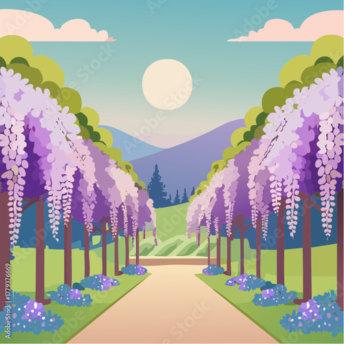 Beautiful wisteria flowers growing in an outdoor rural garden - 2D vector background scene