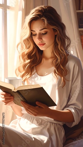 A young woman engrossed in reading by a sunlit window