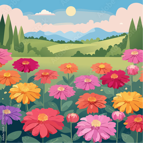 Beautiful zinnia flowers growing in an outdoor rural garden - 2D vector background scene