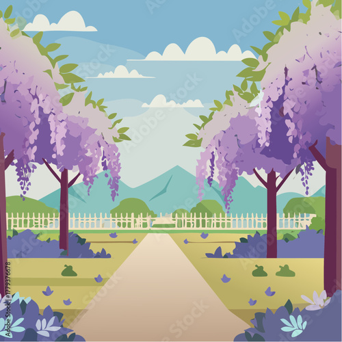 Beautiful wisteria flowers growing in an outdoor rural garden - 2D vector background scene