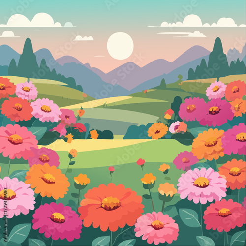 Beautiful zinnia flowers growing in an outdoor rural garden - 2D vector background scene