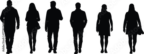 Walking people silhouettes, human figures, black vector design, group illustration, lifestyle concept, crowd movement, urban scene, posture variety, fashion outline, diversity