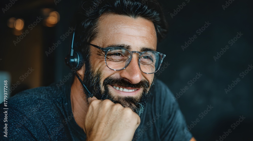 Fototapeta premium Professional man wearing eyeglasses and a headset smiles warmly while working indoors