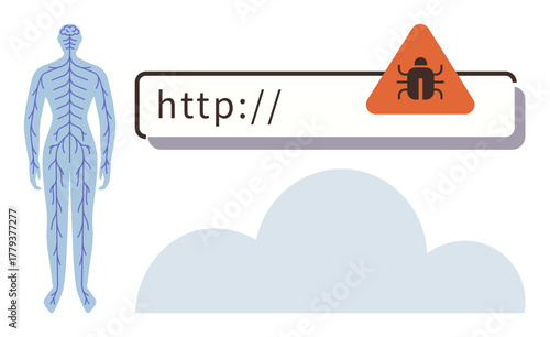 Human nervous system next to a web browser URL bar with a malware alert warning. Ideal for cyber security, digital health, online risk, data protection, internet safety, technology, digital threat