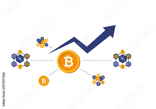 Bitcoin growth illustration with coin, arrow, and network connections.
