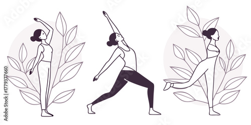 Three women in yoga poses with botanical elements woman