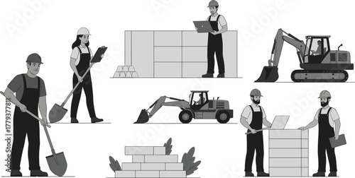 Construction, Worker, Builder, Engineer, Architect, Laborer, Excavator, Loader, Bricks, Shovel, Helmet, Laptop, Tablet, Clipboard, Machinery, Industry, Site, Project, Structure, Equipment, Silhouette