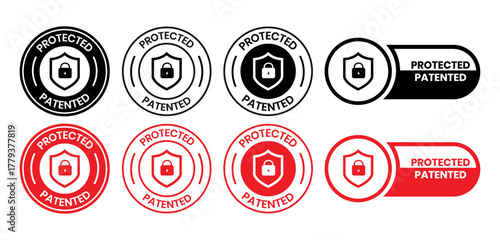 Patented Protected, Technology, Intellectual Property, Patent Applied logo, badge, icon, sticker, label, emblem, stamp, symbol, black, line circle, flat vector, isolated illustration.