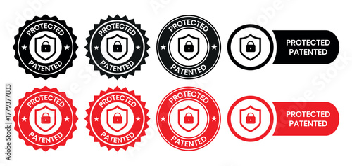 Patented Protected, Technology, Intellectual Property, Patent Applied logo, badge, icon, sticker, label, emblem, stamp, symbol, black, line circle, flat vector, isolated illustration.