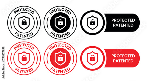 Patented Protected, Technology, Intellectual Property, Patent Applied logo, badge, icon, sticker, label, emblem, stamp, symbol, black, line circle, flat vector, isolated illustration.