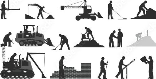 Construction, Worker, Builder, Engineer, Architect, Laborer, Excavator, Crane, Bulldozer, Backhoe, Shovel, Hammer, Bricks, Tools, Machinery, Industry, Site, Project, Structure, Equipment, Silhouette