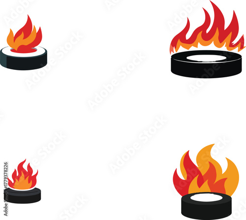 logo of a hockey puck with flames, vector graphic on a white background, simple design, flat colors, simple shapes, icon style, vector