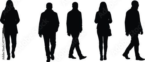 Walking people silhouettes, standing figures, human vector design, casual attire, lifestyle concept, posture variety, urban crowd, fashion outline, black illustration, diversity