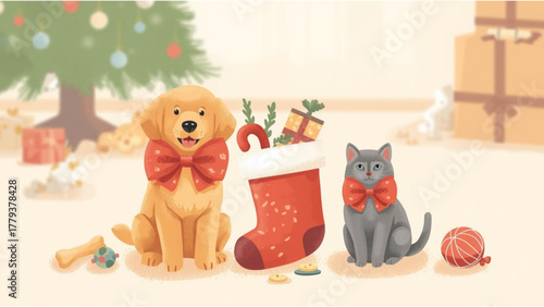 Cute dog and cat with christmas stocking and gifts