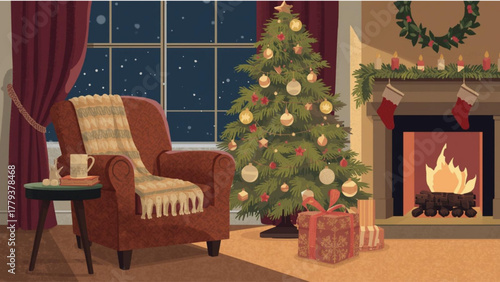 Cozy christmas scene with decorated tree fireplace and armchair