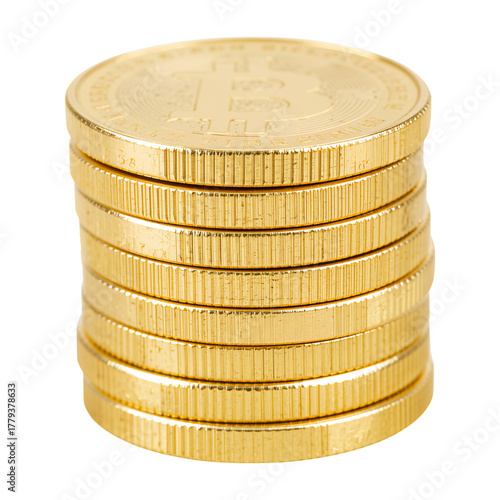 Stack of Golden Bitcoin Coins Arranged Neatly on a White Background for Crypt...