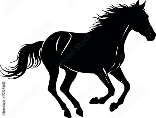 Dynamic silhouette of a galloping horse in motion against a white background